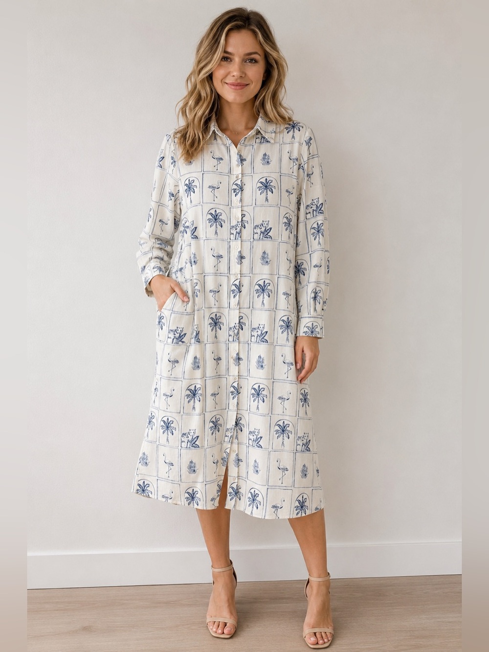 C&C California Cream Button-Front Shirt with Blue Print
